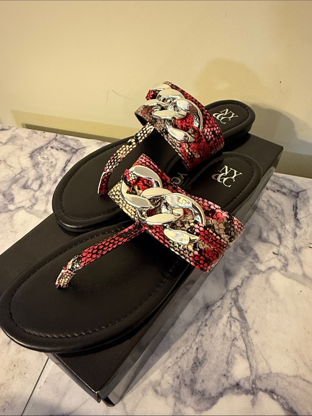 New York & Company Red Snakeskin Thong Sandals with Silver Chain